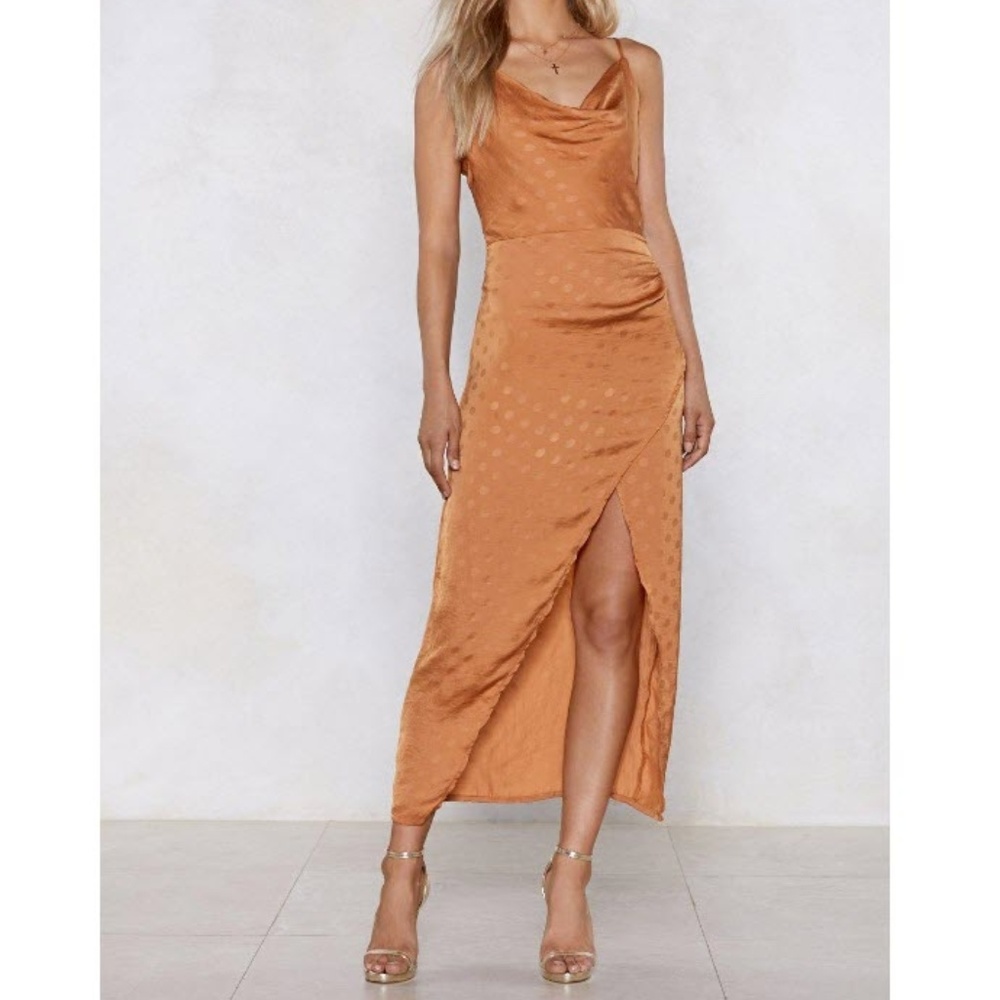 Satin Polka Dot Cowl Neck Maxi Dress